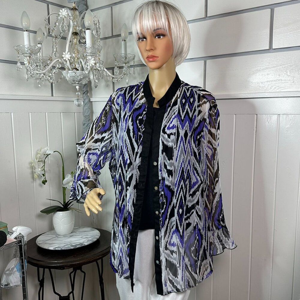 SALE! Sheer Purple, Black, White V Neck Button Mandarin Collar Investments II 2X